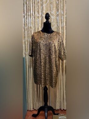 VTG 80s 90s Notations Woman Gold Black Metallic Damask Tunic